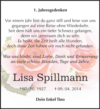 Traueranzeige von Lisa Spillmann von Mitteldeutsche Zeitung Köthen