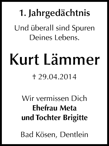 Traueranzeige von Kurt Lämmer von Mitteldeutsche Zeitung Naumburg/Nebra
