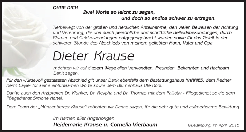 Traueranzeige für Dieter Krause vom 28.04.2015 aus Mitteldeutsche Zeitung Quedlinburg
