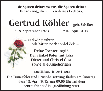 Traueranzeige von Gertrud Köhler von WVG - Wochenspiegel Quedlinburg