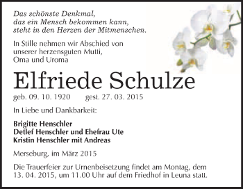 Traueranzeige von Elfriede Schulze von WVG - Wochenspiegel Merseburg