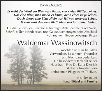 Traueranzeige von Waldemar Wassinowitsch von Super Sonntag Zeitz