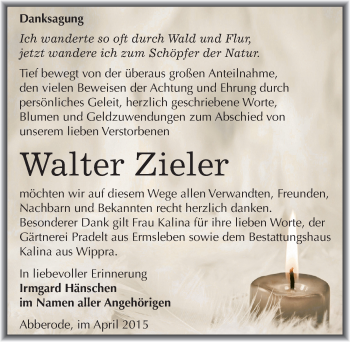 Traueranzeige von Walter Zieler von Mitteldeutsche Zeitung Mansfelder Land