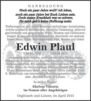 Traueranzeige von Edwin Plaul von Super Sonntag Merseburg