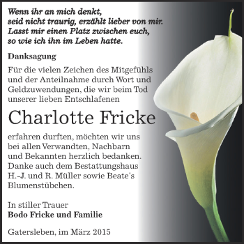 Traueranzeige von Charlotte Fricke von Super Sonntag Aschersleben