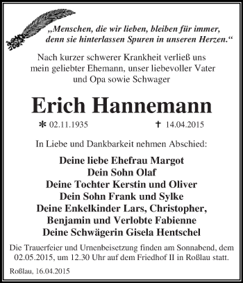 Traueranzeige von Erich Hannemann von WVG - Wochenspiegel Dessau / Köthen