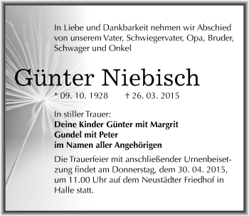 Traueranzeige von Günter Niebisch von Mitteldeutsche Zeitung Halle/Saalkreis