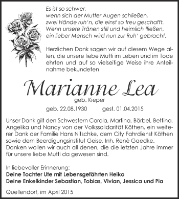 Traueranzeige von Marianne Lea von WVG - Wochenspiegel Dessau / Köthen