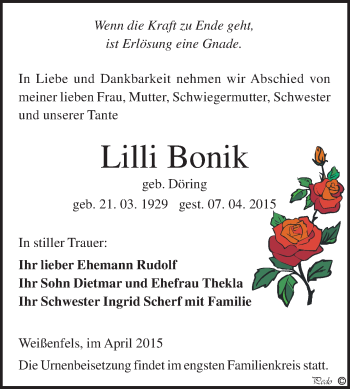 Traueranzeige von Lilli Bonik von WVG - Wochenspiegel NMB / WSF / ZTZ