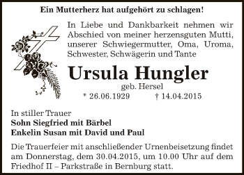 Traueranzeige von Ursula Hungler von Super Sonntag Bernburg