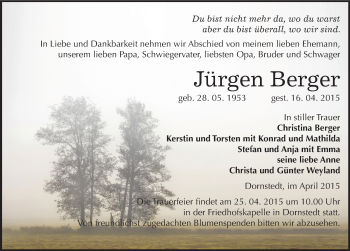 Traueranzeige von Jürgen Berger von Mitteldeutsche Zeitung Halle/Saalkreis