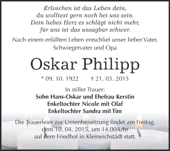 Traueranzeige von Oskar Philipp von Super Sonntag Merseburg