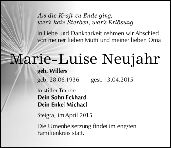 Traueranzeige von Marie-Luise Neujahr von Mitteldeutsche Zeitung Merseburg/Querfurt