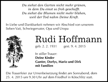 Traueranzeige von Rudi Hoffmann von Mitteldeutsche Zeitung Merseburg/Querfurt