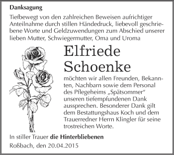 Traueranzeige von Elfriede Schoenke von WVG - Wochenspiegel NMB / WSF / ZTZ