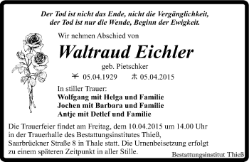 Traueranzeige von Waltraud Eichler von Mitteldeutsche Zeitung Quedlinburg