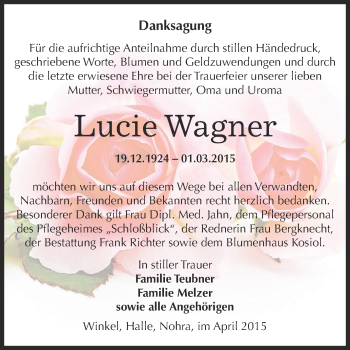 Traueranzeige von Lucie Wagner von Super Sonntag SGH Mansf. Land