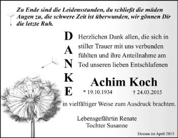 Traueranzeige von Achim Koch von WVG - Wochenspiegel Dessau / Köthen