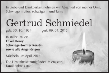 Traueranzeige von Gertrud Schmiedel von WVG - Wochenspiegel Merseburg