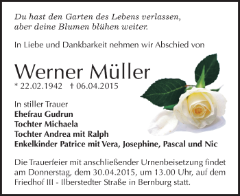 Traueranzeige von Werner Müller von Mitteldeutsche Zeitung Bernburg