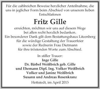 Traueranzeige von Fritz Gille von Wochenspiegel Mansfelder Land