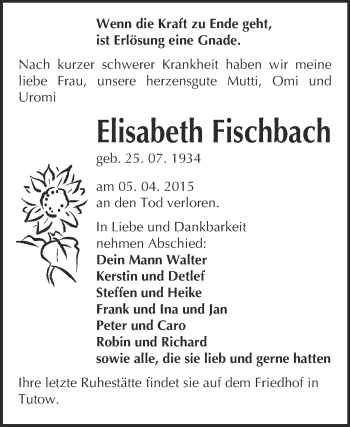 Traueranzeige von Elisabeth Fischbach von WVG - Wochenspiegel Bitterfeld