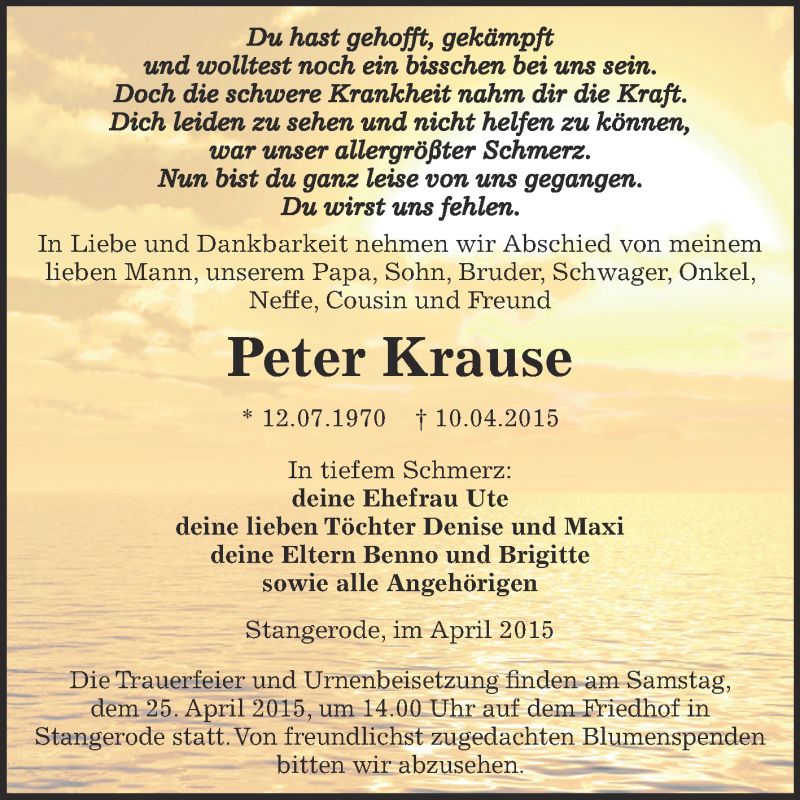 Traueranzeigen Von Peter Krause Www Abschied Nehmen De
