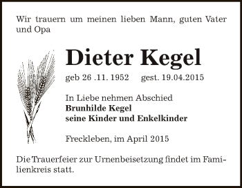 Traueranzeige von Dieter Kegel von WVG - Wochenspiegel Bernburg