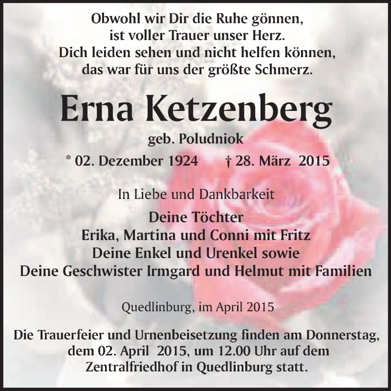  Traueranzeige für Erna und Fredi Ketzenberg vom 01.04.2015 aus WVG - Wochenspiegel Quedlinburg