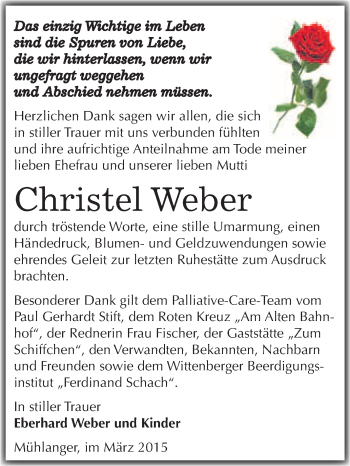 Traueranzeige von Christel Weber von WVG - Wochenspiegel Wittenberg