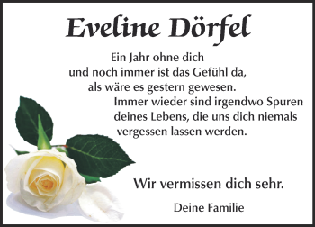 Traueranzeige von Eveline Dörfel von Super Sonntag Bernburg