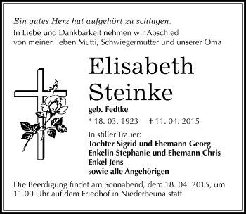 Traueranzeige von Elisabeth Steinke von Mitteldeutsche Zeitung Merseburg/Querfurt