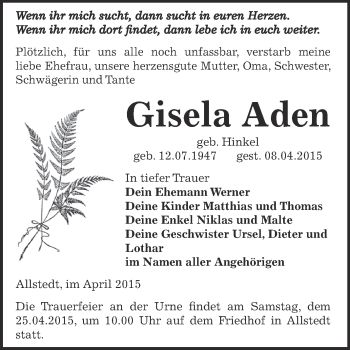 Traueranzeige von Gisela Aden von Super Sonntag SGH Mansf. Land
