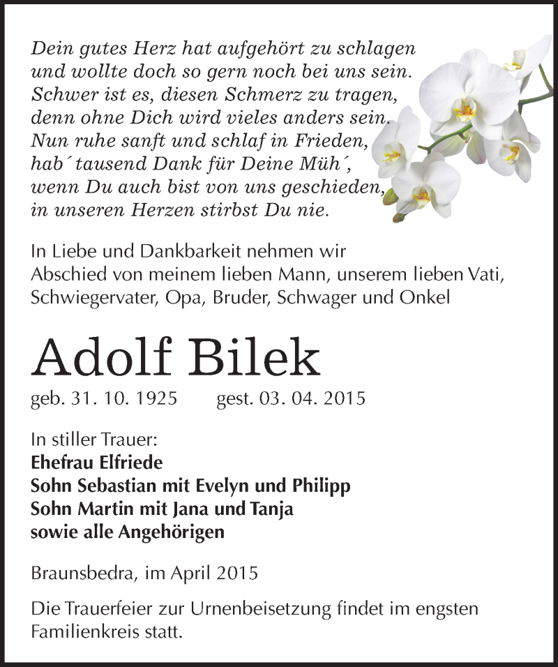  Traueranzeige für Adolf Bilek vom 11.04.2015 aus Mitteldeutsche Zeitung Merseburg/Querfurt