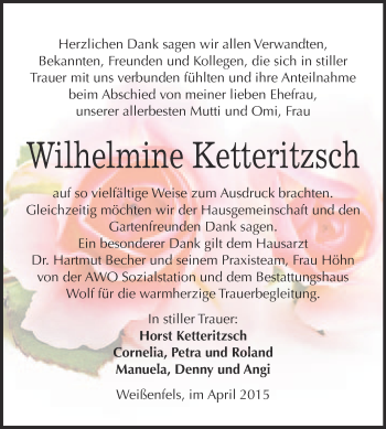 Traueranzeige von Wilhelmine Ketteritzsch von WVG - Wochenspiegel NMB / WSF / ZTZ