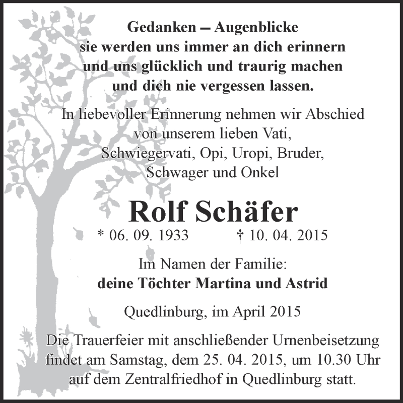  Traueranzeige für Rolf Schäfer vom 19.04.2015 aus WVG - Wochenspiegel Quedlinburg