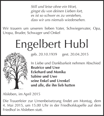 Traueranzeige von Engelbert Hubl von Super Sonntag SGH Mansf. Land