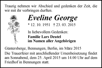 Traueranzeige von Eveline George von WVG - Wochenspiegel Quedlinburg