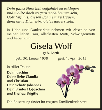 Traueranzeige von Gisela Wolf von Mitteldeutsche Zeitung Zeitz