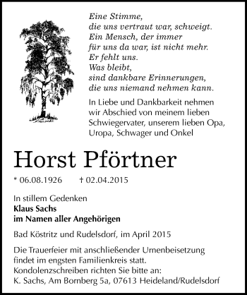Traueranzeige von Horst Pförtner von Mitteldeutsche Zeitung Halle/Saalkreis