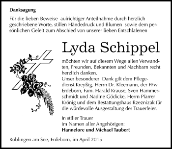 Traueranzeige von Lyda Schippel von Mitteldeutsche Zeitung Mansfelder Land