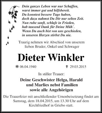 Traueranzeige von Dieter Winkler von WVG - Wochenspiegel Dessau / Köthen