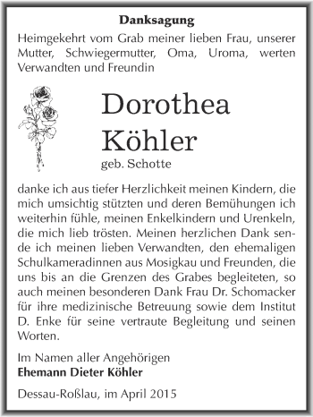 Traueranzeige von Dorothea Köhler von WVG - Wochenspiegel Dessau / Köthen
