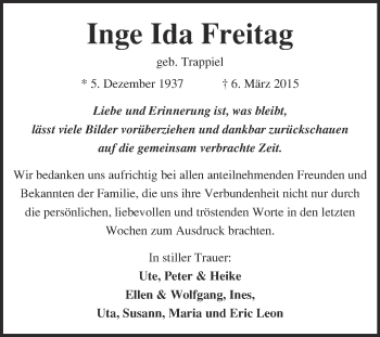 Traueranzeige von Inge Ida Freitag von WVG - Wochenspiegel Bitterfeld