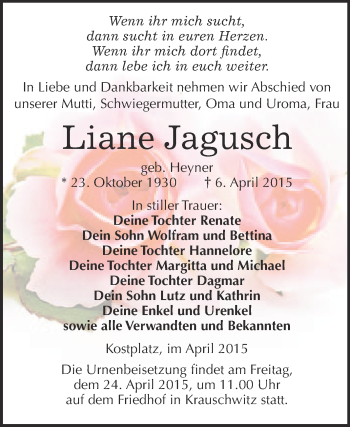 Traueranzeige von Liane Jagusch von WVG - Wochenspiegel NMB / WSF / ZTZ