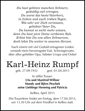 Traueranzeige von Karl-Heinz Rumpf von Mitteldeutsche Zeitung Sangerhausen