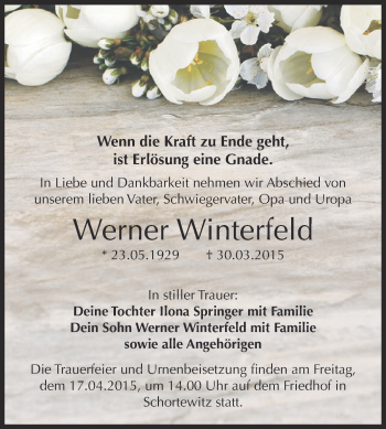 Traueranzeige von Werner Winterfeld von WVG - Wochenspiegel Dessau / Köthen