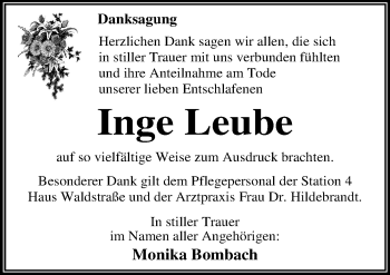 Traueranzeige von Inge Leube von Mitteldeutsche Zeitung Dessau-Roßlau