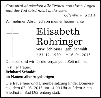 Traueranzeige von Elisabeth Rohringer von Mitteldeutsche Zeitung Merseburg/Querfurt