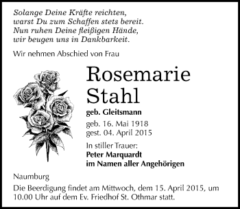 Traueranzeige von Rosemarie Stahl von Mitteldeutsche Zeitung Naumburg/Nebra